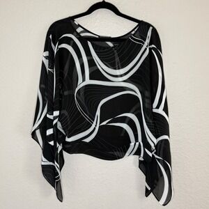 Y2K Womens Medium Black‎ Abstract Sheer Batwing Top Boho Whimsigoth Fairy Grunge